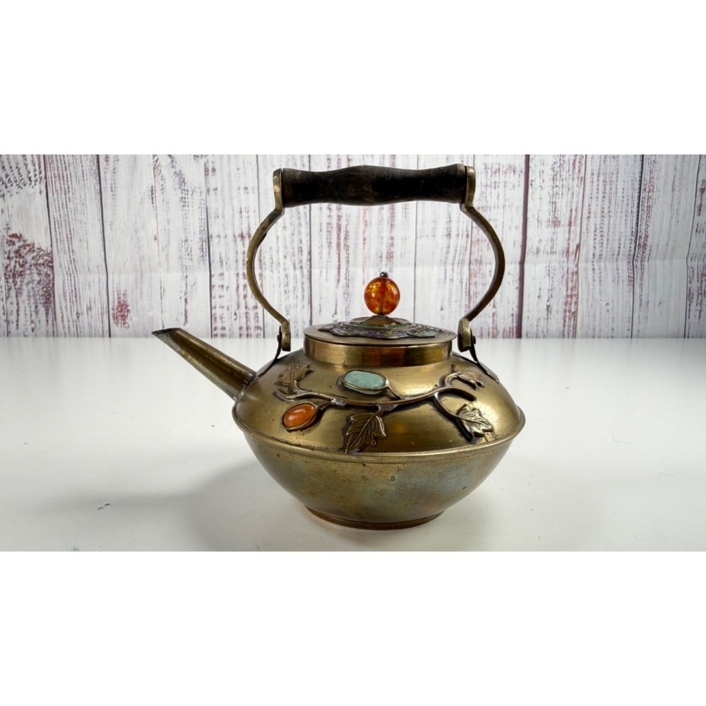 Antique Chinese Teapot Cloisonne Brass/Enamel w/semi precious stones